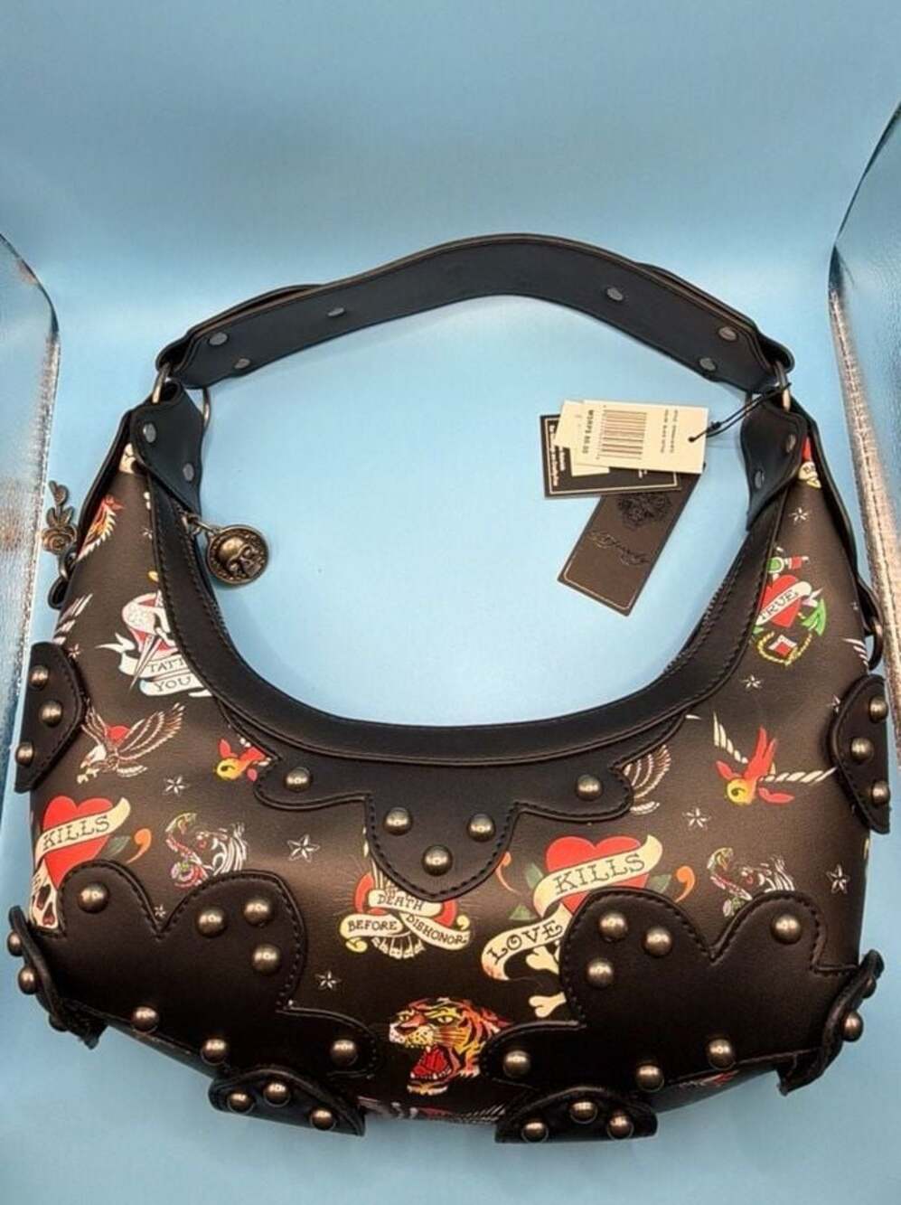 NWT Ed Hardy Studded Tattoo Print Hobo Shoulder Bag with Charms